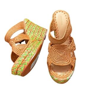 NWT Carrie Forbes Cello Raffia Wedge Sandals In Cognac Brown Size 8